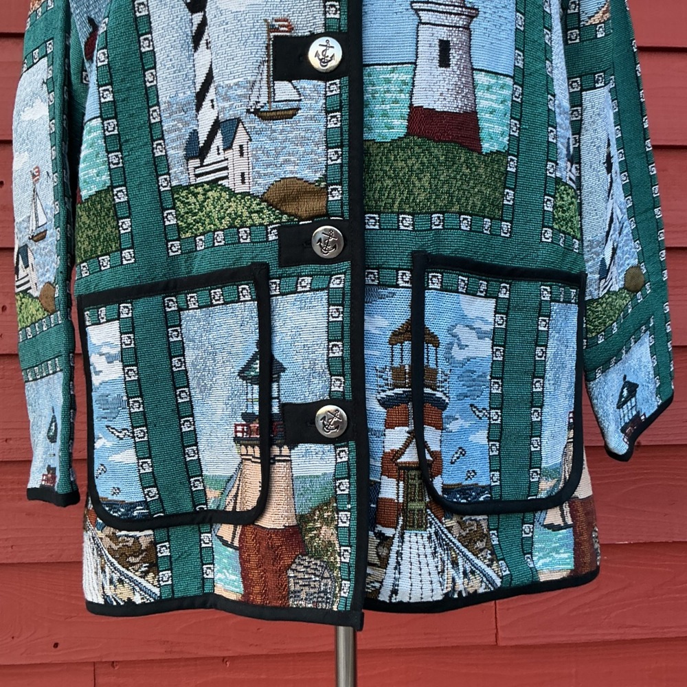 Blair Tapestry Jacket Womens L Blue Green Lighthouse Nautical Vintage Coastal - Picture 6 of 11